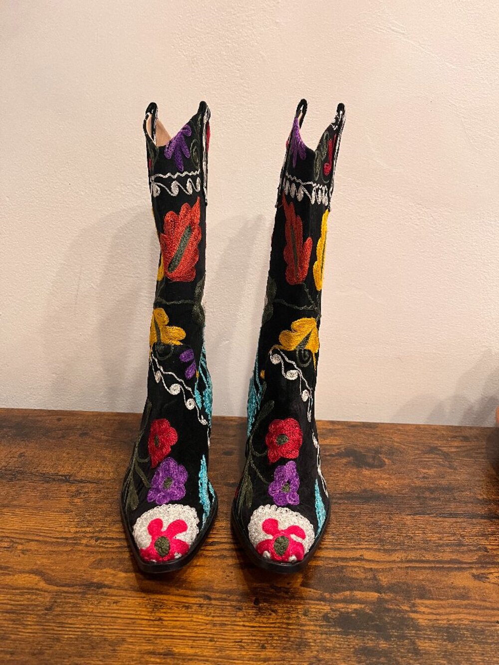 Velvet Road Black Suede Multicolor Floral Embroidered Cowboy Boots